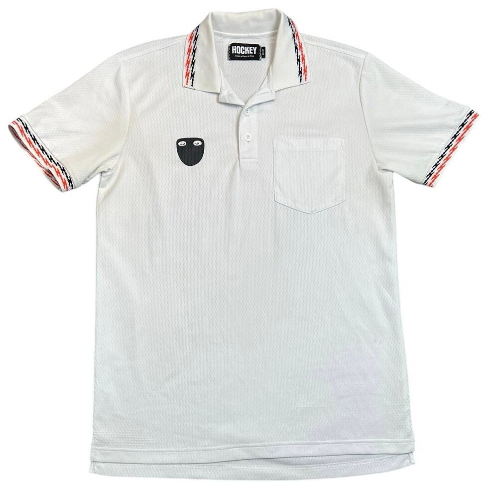 Hockey Eyes Without a Face White Mesh Polo Shirt Graphic Patch Short Sleeve - L